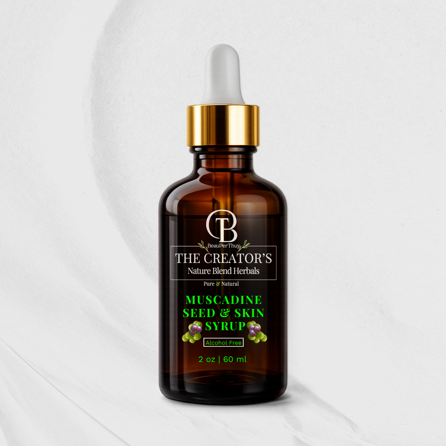 Bottle of Muscadine Seed & Skin Syrup from The Creator's Nature Blend Herbals on a white background