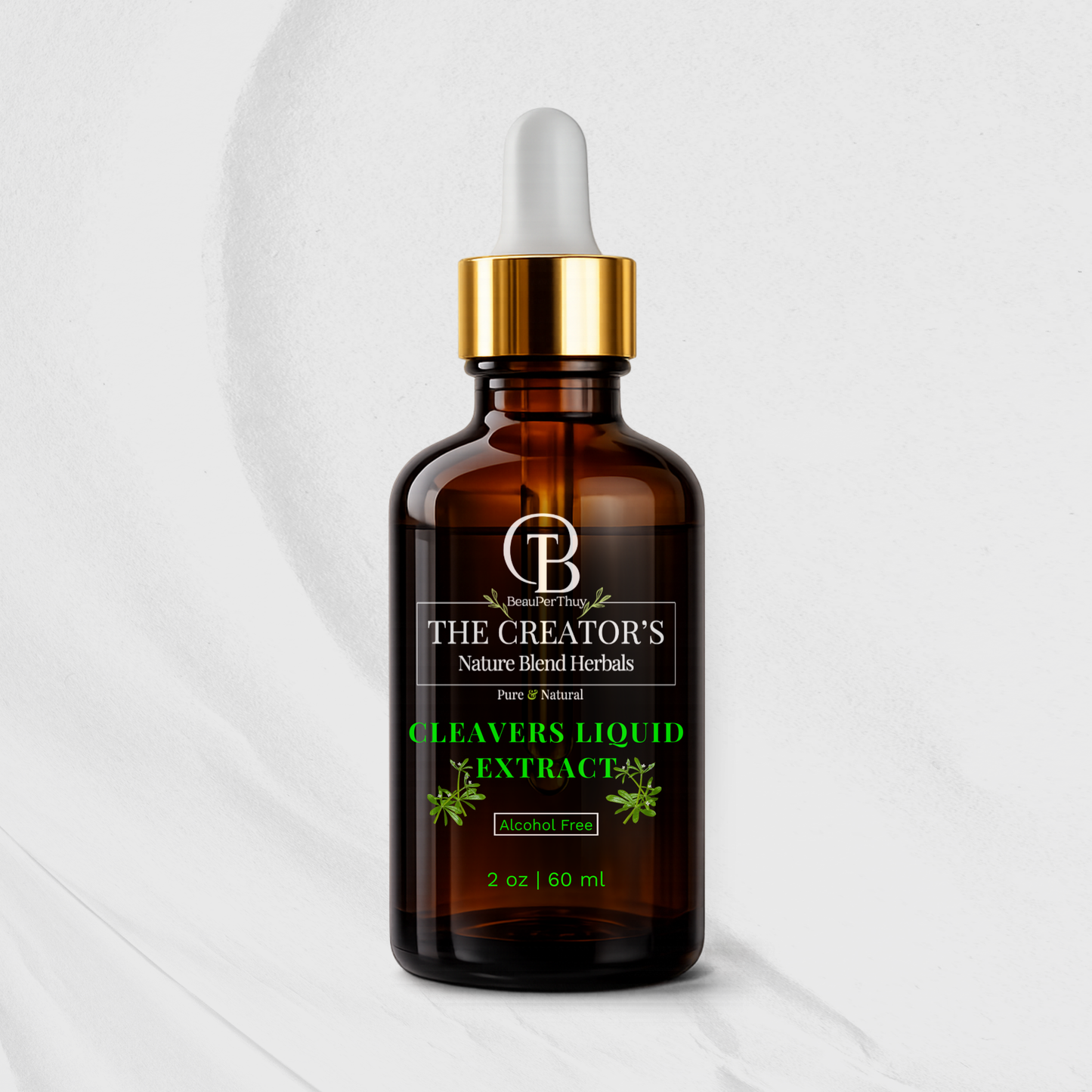Brown glass bottle with dropper labeled 'The Creator's Nature Blend Herbs' on a white background