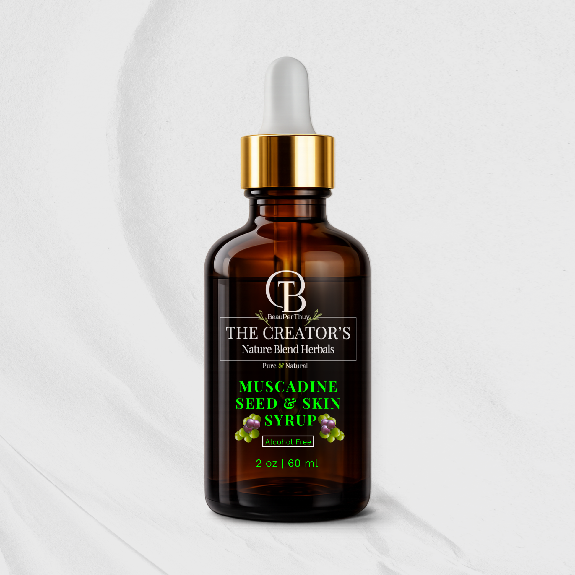 Bottle of Muscadine Seed & Skin Syrup from The Creator's Nature Blend Herbals on a white background